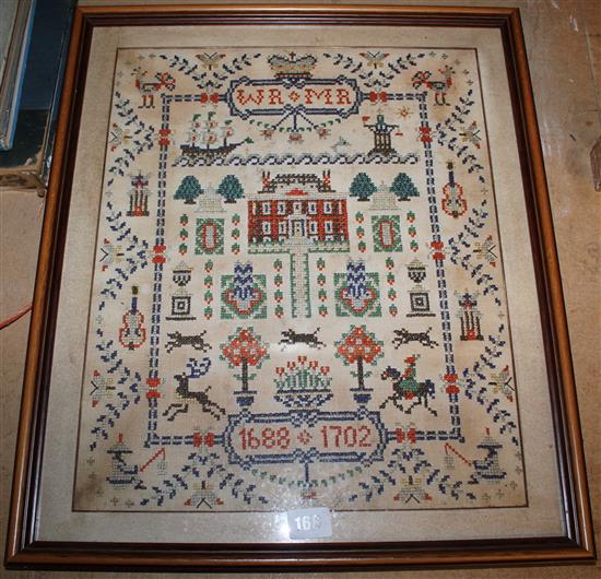 Victorian needlework sampler commemorating the reign of William and Mary